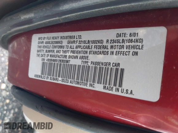 2002 Subaru Legacy Outback with VIN 4S3BH665126300587, listed as a IAAI auction lot 42637370 with 192,895 mi miles and . Bid and sale history available at DreamBid. Image 9.