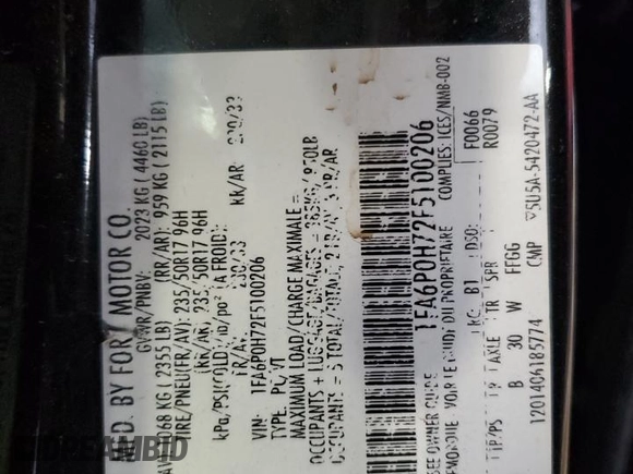 2015 Ford Fusion SE with VIN 1FA6P0H72F5100206, listed as a Copart auction lot 56176005 with 172,991 mi miles and Non repairable. Bid and sale history available at DreamBid. Image 12.