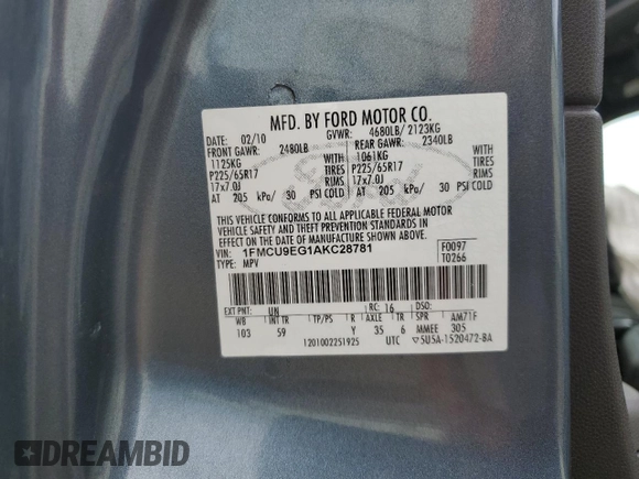 2010 Ford Escape Limited with VIN 1FMCU9EG1AKC28781, listed as a Copart auction lot 61601725 with 99,969 mi miles and Salvage title. Bid and sale history available at DreamBid. Image 12.