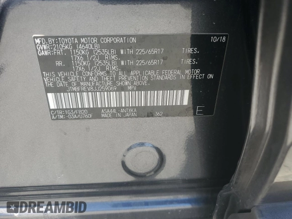 2018 Toyota RAV4 LE z VIN JTMBFREV8JJ259069, wystawiony jako Copart lot #61106715 z przebiegiem 56 770 mil mil oraz Szkoda całkowita • Salvage title. Historia ofert i sprzedaży dostępna na DreamBid. Obrazek 13.