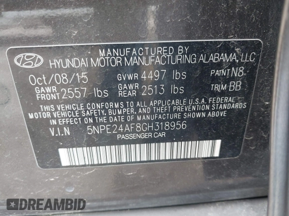 2016 Hyundai Sonata SE with VIN 5NPE24AF8GH318956, listed as a IAAI auction lot 42066232 with 193,088 mi miles and . Bid and sale history available at DreamBid. Image 9.