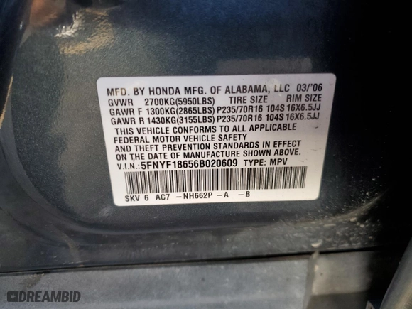 2006 Honda Pilot EX-L with RES with VIN 5FNYF18656B020609, listed as a Copart auction lot 42392465 with 80,521 mi miles and Salvage Title. Bid and sale history available at carsss.com. Image 13.