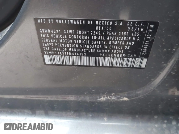 2015 Volkswagen Jetta SE с VIN 3VWD17AJ7FM414183, выставлен на аукционе IAAI как лот 41643633 с пробегом 169 145 миль миль и . История ставок и продаж доступна на DreamBid. Изображение 9.