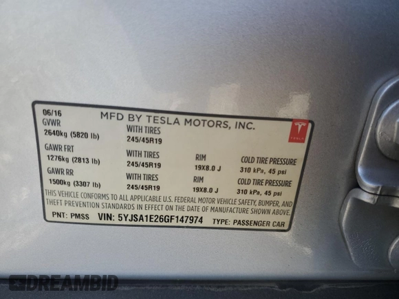 2016 Tesla Model S 90D with VIN 5YJSA1E26GF147974, listed as a Copart auction lot 82815404 with 126,609 mi miles and Salvage Title. Bid and sale history available at DreamBid. Image 14.