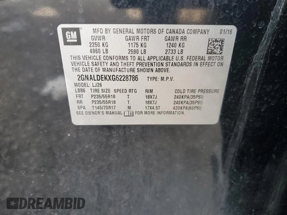 2016 Chevrolet Equinox LTZ z VIN 2GNALDEKXG6228786, wystawiony jako Copart lot #51481245 z przebiegiem 85 874 mil mil oraz Szkoda całkowita • Salvage title. Historia ofert i sprzedaży dostępna na DreamBid. Obrazek 12.