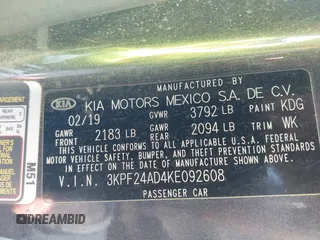 2019 Kia Forte LXS с VIN 3KPF24AD4KE092608, выставлен на аукционе IAAI как лот 41654929 с пробегом 99 172 миль миль и . История ставок и продаж доступна на DreamBid. Изображение 9.