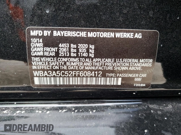 2015 BMW 3 Series 328i with VIN WBA3A5C52FF608412, listed as a Copart auction lot 46301705 with 51,070 mi miles and Salvage Title. Bid and sale history available at carsss.com. Image 14.