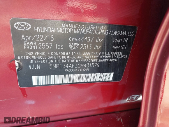 2016 Hyundai Sonata Sport with VIN 5NPE34AF3GH431579, listed as a IAAI auction lot 41995046 with 102,288 mi miles and . Bid and sale history available at DreamBid. Image 9.