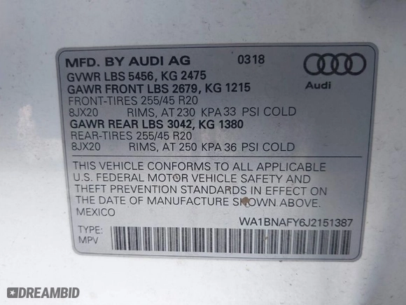 2018 Audi Q5 Premium Plus with VIN WA1BNAFY6J2151387, listed as a IAAI auction lot 41471432 with 111,738 mi miles. Bid and sale history available at carsss.com. Image 9.