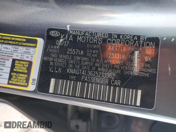 2018 Kia Optima LX z VIN KNAGT4L36J5213362, wystawiony jako Copart lot #56749365 z przebiegiem 122 662 mil mil oraz Szkoda całkowita • Salvage title. Historia ofert i sprzedaży dostępna na DreamBid. Obrazek 12.