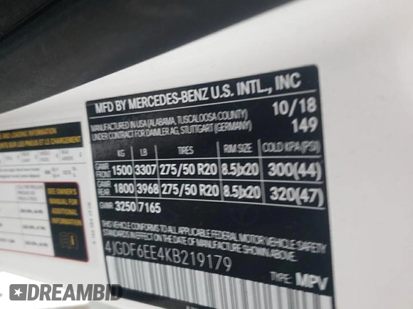 2019 Mercedes-Benz GLS with VIN 4JGDF6EE4KB219179, listed as a Copart auction lot 69351872 with 57,675 mi miles. Bid and sale history available at carsss.com. Image 15.