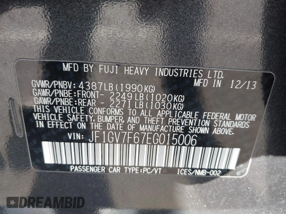 2014 Subaru WRX WRX Premium with VIN JF1GV7F67EG015006, listed as a IAAI auction lot 42403539 with 93,917 mi miles and . Bid and sale history available at DreamBid. Image 9.