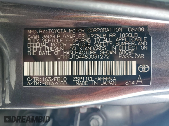 2008 Scion xD with VIN JTKKU10448J031272, listed as a Copart auction lot 51302185 with 121,055 mi miles and Salvage Title. Bid and sale history available at carsss.com. Image 14.