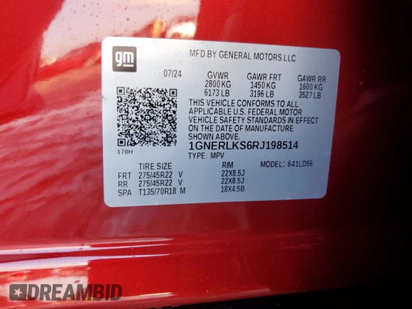 2024 Chevrolet Traverse FWD RS with VIN 1GNERLKS6RJ198514, listed as a Copart auction lot 73858094 with 1,565 mi miles and Salvage Title. Bid and sale history available at carsss.com. Image 14.