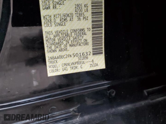 2015 Nissan Titan Pro-4X with VIN 1N6AA0EC2FN501632, listed as a Copart auction lot 84063524 with 92,342 mi miles and Salvage title. Bid and sale history available at DreamBid. Image 12.