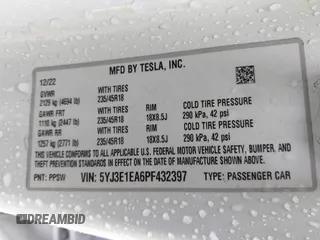 2023 Tesla Model 3 with VIN 5YJ3E1EA6PF432397, listed as a IAAI auction lot 41760895 with 15,692 mi miles and . Bid and sale history available at DreamBid. Image 9.