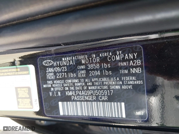 2023 Hyundai Elantra Limited with VIN KMHLP4AG9PU505917, listed as a IAAI auction lot 41539400 with 55,214 mi miles. Bid and sale history available at carsss.com. Image 9.