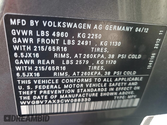 2012 Volkswagen Tiguan S z VIN WVGBV7AX3CW088330, wystawiony jako Copart lot #76722704 z przebiegiem 107 018 mil mil oraz Nie do naprawy • Non repairable. Historia ofert i sprzedaży dostępna na DreamBid. Obrazek 14.