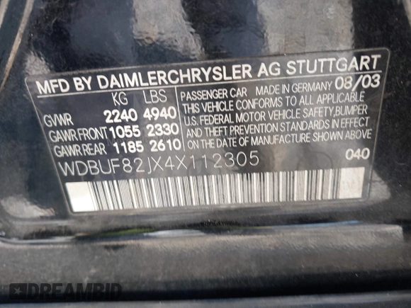 2004 Mercedes-Benz E 320 with VIN WDBUF82JX4X112305, listed as a IAAI auction lot 42058438 with 201,750 mi miles and . Bid and sale history available at DreamBid. Image 9.