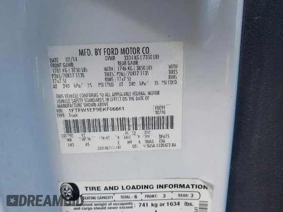 2014 Ford F-150 XL with VIN 1FTFW1EF9EKF06661, listed as a IAAI auction lot 42235635 with 327,584 mi miles and . Bid and sale history available at DreamBid. Image 9.