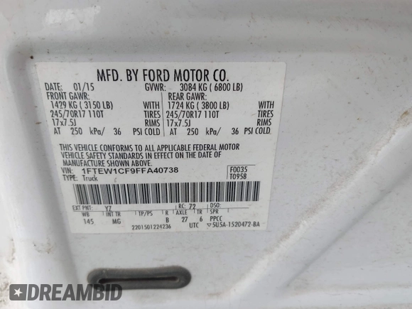 2015 Ford F-150 XL with VIN 1FTEW1CF9FFA40738, listed as a IAAI auction lot 41715885 with 296,111 mi miles. Bid and sale history available at carsss.com. Image 9.