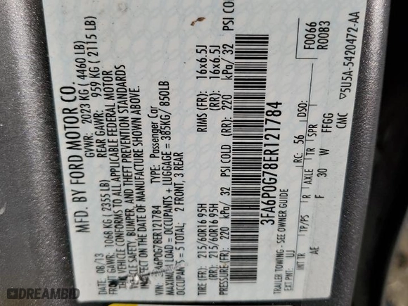 2014 Ford Fusion S with VIN 3FA6P0G78ER121784, listed as a Copart auction lot 52357145 with 114,851 mi miles and Salvage Title. Bid and sale history available at carsss.com. Image 12.