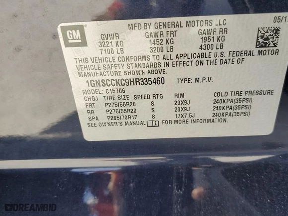 2017 Chevrolet Tahoe Premier with VIN 1GNSCCKC9HR335460, listed as a Copart auction lot 47653205 with 100,743 mi miles and Salvage Title. Bid and sale history available at carsss.com. Image 15.
