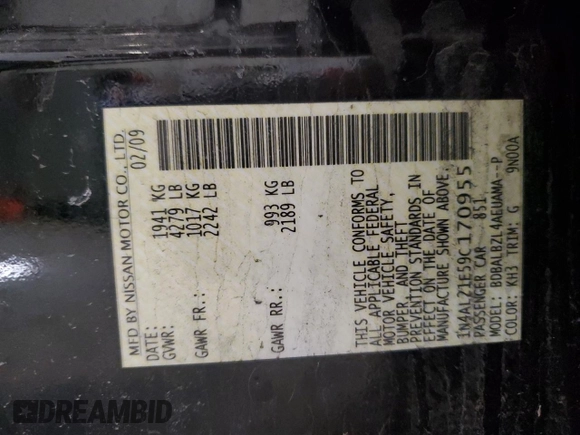 2009 Nissan Altima 2.5 S with VIN 1N4AL21E59C170955, listed as a Copart auction lot 51422615 with 0 mi miles and Non Repairable. Bid and sale history available at carsss.com. Image 14.