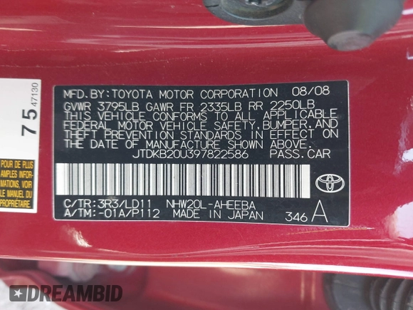 2009 Toyota Prius with VIN JTDKB20U397822586, listed as a IAAI auction lot 42120962 with 178,067 mi miles and . Bid and sale history available at DreamBid. Image 9.