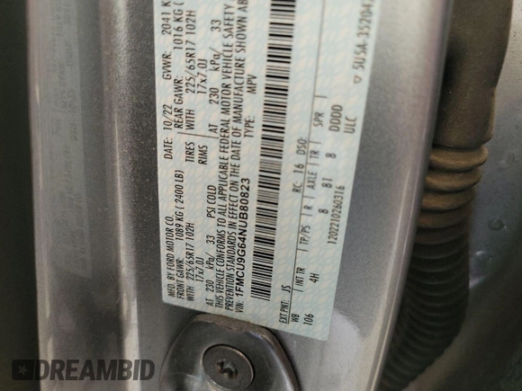 2022 Ford Escape SE z VIN 1FMCU9G64NUB80823, wystawiony jako IAAI lot #42685783 z przebiegiem 67 820 mil mil oraz . Historia ofert i sprzedaży dostępna na DreamBid. Obrazek 1.