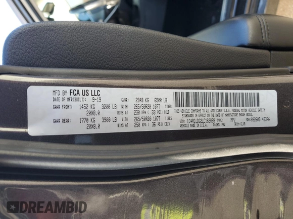 2020 Dodge Durango GT with VIN 1C4RDJDG2LC162899, listed as a Copart auction lot 43514225 with 51,467 mi miles and Salvage title. Bid and sale history available at DreamBid. Image 13.