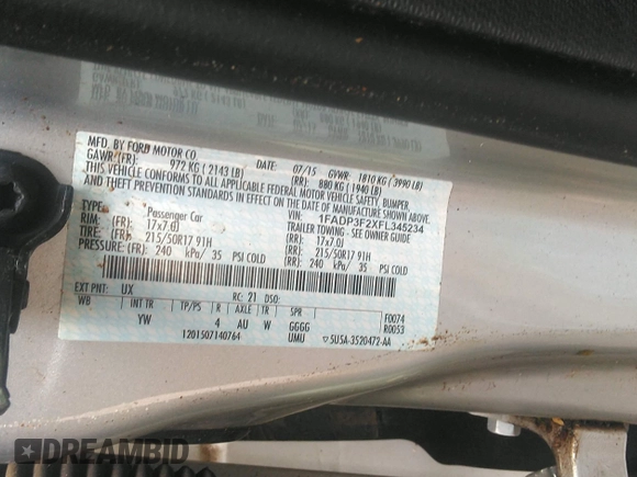 2015 Ford Focus SE with VIN 1FADP3F2XFL345234, listed as a IAAI auction lot 42402207 with Not provided miles and . Bid and sale history available at DreamBid. Image 9.