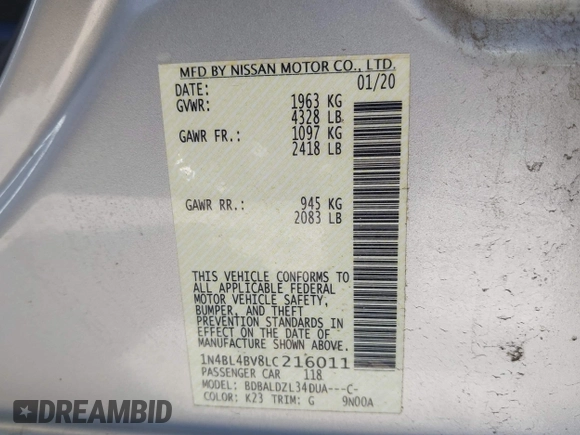 2020 Nissan Altima S with VIN 1N4BL4BV8LC216011, listed as a IAAI auction lot 41769075 with 106,180 mi miles and . Bid and sale history available at DreamBid. Image 9.