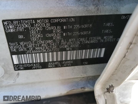 2021 Toyota Venza LE with VIN JTEAAAAH3MJ061222, listed as a Copart auction lot 41459673 with 0 mi miles. Bid and sale history available at carsss.com. Image 12.