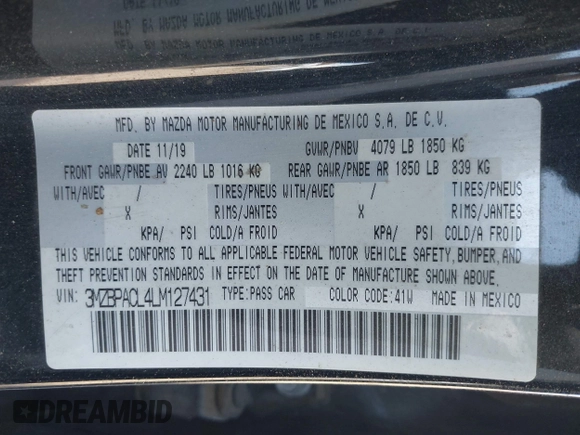 2020 Mazda 3 Select with VIN 3MZBPACL4LM127431, listed as a IAAI auction lot 42449767 with 203,904 mi miles and . Bid and sale history available at DreamBid. Image 9.