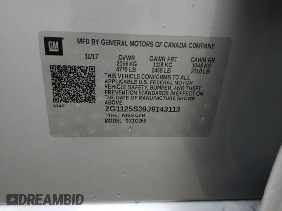 2018 Chevrolet Impala Premier with VIN 2G1125S39J9143113, listed as a Copart auction lot 45168175 with 119,035 mi miles and Salvage Title. Bid and sale history available at DreamBid. Image 13.