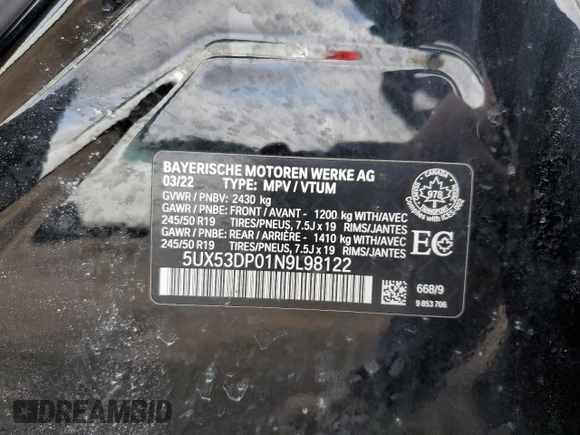 2022 BMW X3 xDrive30i with VIN 5UX53DP01N9L98122, listed as a Copart auction lot 50094865 with 33,452 mi miles and Salvage Title. Bid and sale history available at DreamBid. Image 14.
