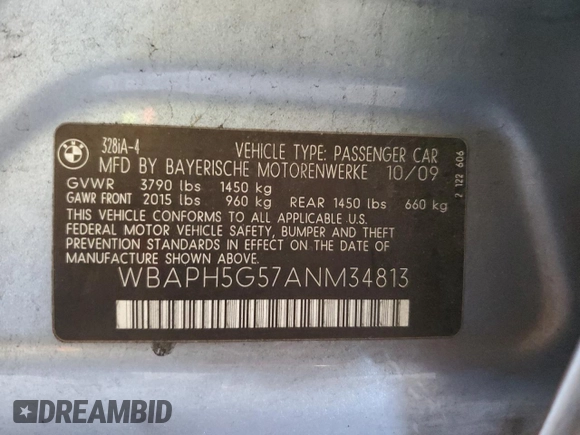 2010 BMW 3 Series 328i with VIN WBAPH5G57ANM34813, listed as a Copart auction lot 42921745 with 210,294 mi miles and Clean Title. Bid and sale history available at DreamBid. Image 12.