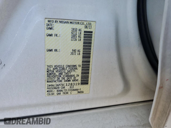 2014 Nissan Altima SV with VIN 1N4AL3AP7EC128319, listed as a Copart auction lot 49041385 with 310,988 mi miles and Salvage Title. Bid and sale history available at DreamBid. Image 14.