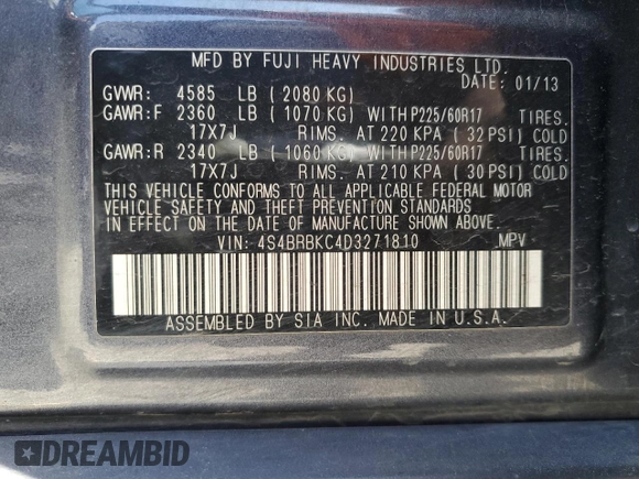 2013 Subaru Outback Limited with VIN 4S4BRBKC4D3271810, listed as a Copart auction lot 59225945 with 189,442 mi miles and Salvage title. Bid and sale history available at DreamBid. Image 13.