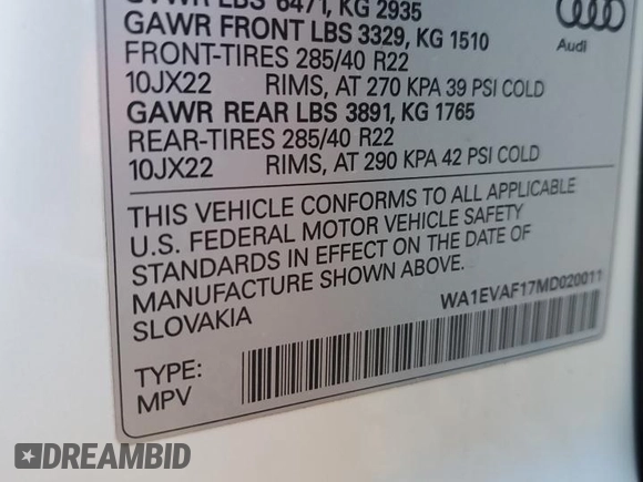 2021 Audi Q8 Premium Plus with VIN WA1EVAF17MD020011, listed as a Copart auction lot 45566815 with 42,724 mi miles and Salvage title. Bid and sale history available at DreamBid. Image 13.