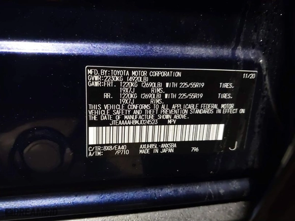 2021 Toyota Venza LE with VIN JTEAAAAH8MJ024523, listed as a IAAI auction lot 41456027 with NaN miles. Bid and sale history available at carsss.com. Image 9.
