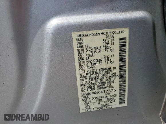 2006 Nissan Frontier LE with VIN 1N6AD07W06C432675, listed as a Copart auction lot 65425085 with 147,197 mi miles and Clean title. Bid and sale history available at DreamBid. Image 12.