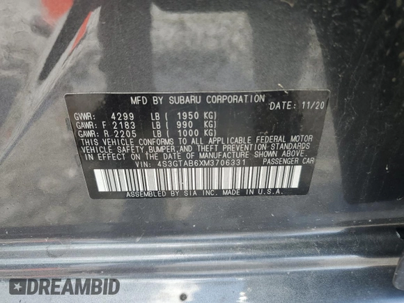 2021 Subaru Impreza with VIN 4S3GTAB6XM3706331, listed as a Copart auction lot 57983005 with 36,160 mi miles and Salvage title. Bid and sale history available at DreamBid. Image 12.
