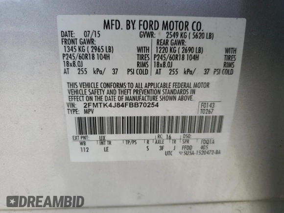 2015 Ford Edge SEL with VIN 2FMTK4J84FBB70254, listed as a Copart auction lot 54487345 with 133,621 mi miles and Salvage Title. Bid and sale history available at carsss.com. Image 14.