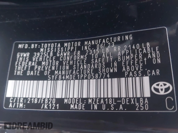 2023 Toyota Corolla LE with VIN 5YFB4MDE1PP058774, listed as a IAAI auction lot 42068978 with 19,802 mi miles and . Bid and sale history available at DreamBid. Image 9.