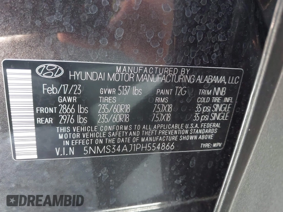 2023 Hyundai Santa Fe SEL with VIN 5NMS34AJ1PH554866, listed as a IAAI auction lot 41912779 with 31,075 mi miles and . Bid and sale history available at DreamBid. Image 9.