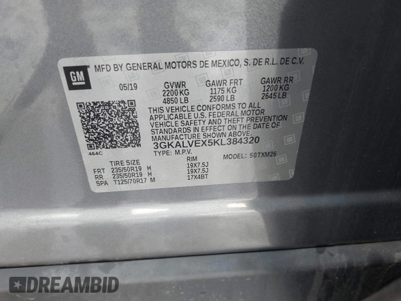 2019 GMC Terrain SLT with VIN 3GKALVEX5KL384320, listed as a IAAI auction lot 41891334 with 53,459 mi miles. Bid and sale history available at carsss.com. Image 9.