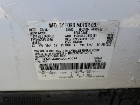 2016 Ford Explorer with VIN 1FM5K8B84GGC63025, listed as a Copart auction lot 88902315 with 69,909 mi miles and Salvage Title. Bid and sale history available at DreamBid. Image 14.