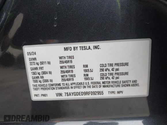 2024 Tesla Model Y с VIN 7SAYGDED9RF092955, выставлен на аукционе IAAI как лот 42757539 с пробегом 6 385 миль миль и . История ставок и продаж доступна на DreamBid. Изображение 9.